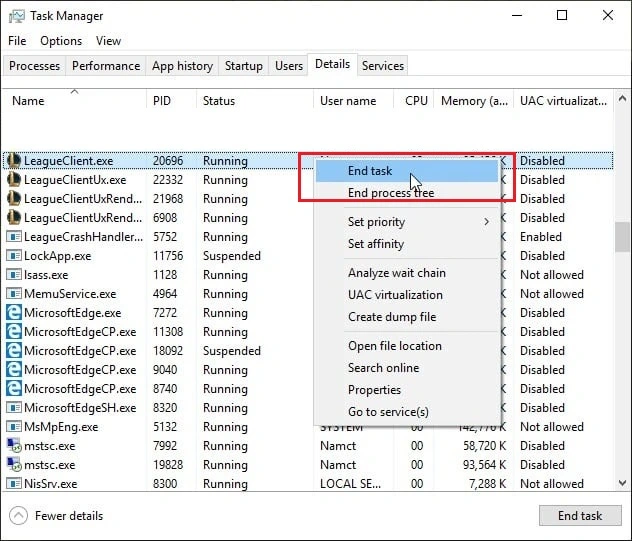 close lol in task manager