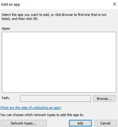 league add app to disable firewall